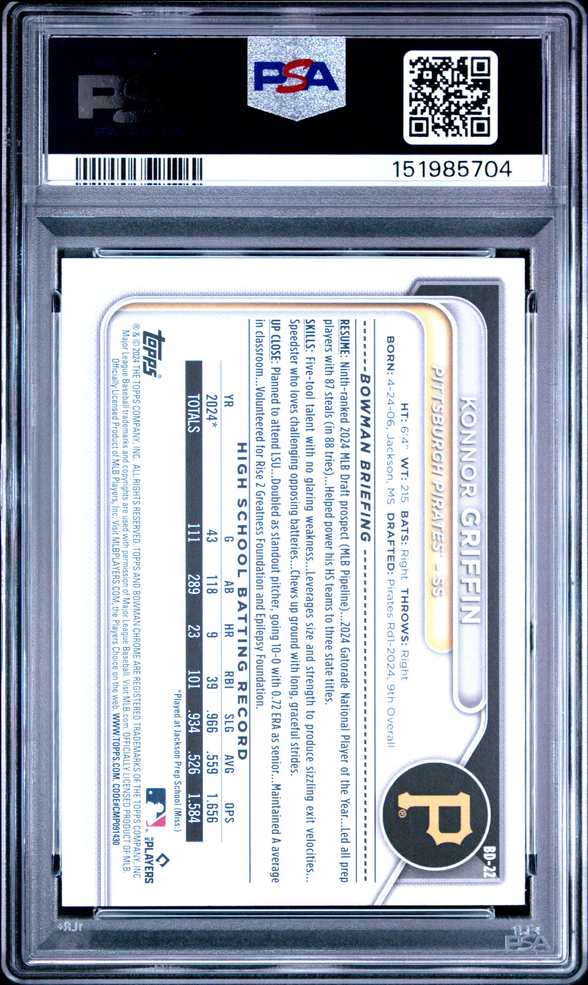 2024 Bowman Draft Konnor Griffin #BD22 1st Bowman PSA 10 Gem Mint