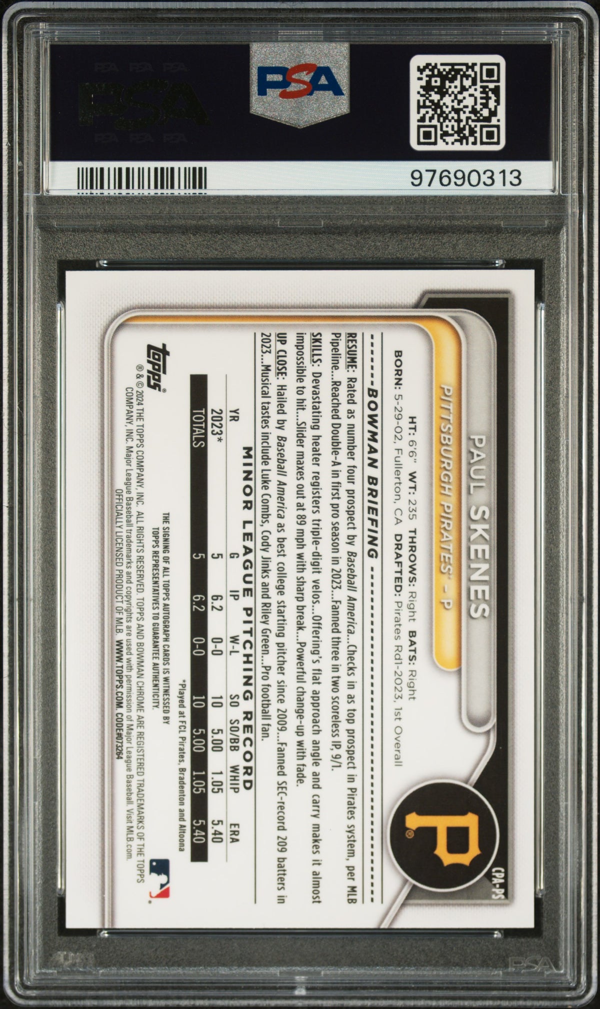 2024 Bowman Paul Skenes Chrome Prospect Autograph #CPAPS PSA 10 Gem Mint